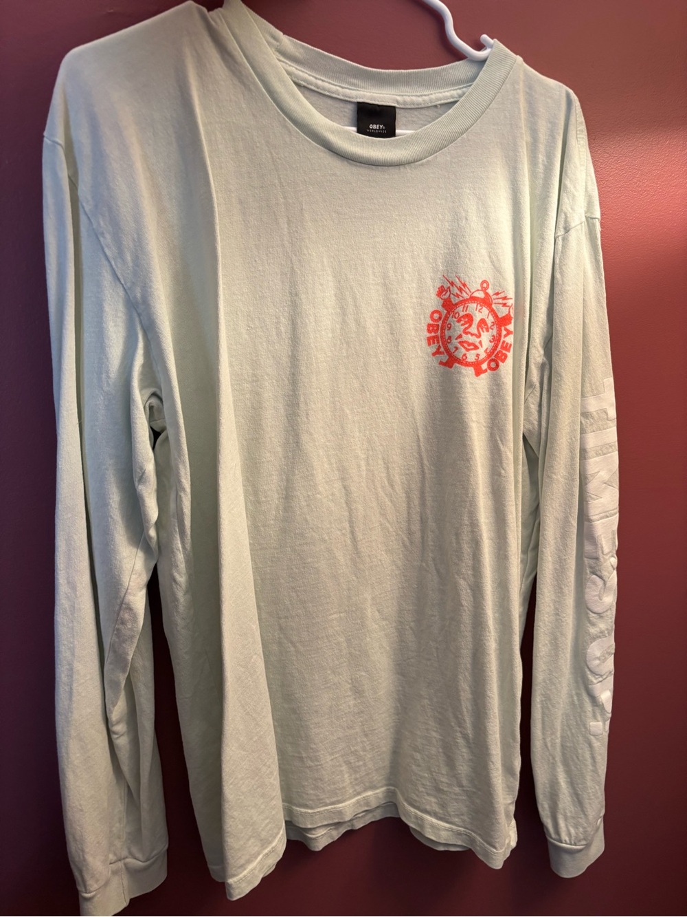 Obey Pale Mint Long-Sleeve Graphic Tee with Coral Chest Logo